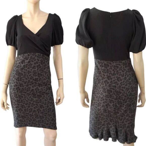Rebecca Taylor Animal Print Wool Black Silk Sheath Dress - Picture 1 of 6